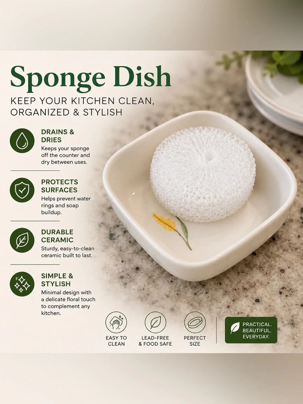 Ceramic Sponge Dish with sponge - Cream Floral